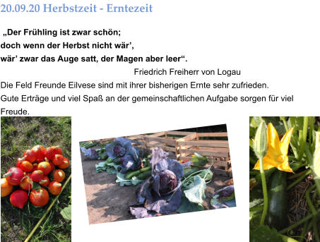 20.09.20 Herbstzeit - Erntezeit  „Der Frühling ist zwar schön; doch wenn der Herbst nicht wär’, wär’ zwar das Auge satt, der Magen aber leer“.  Friedrich Freiherr von Logau  Die Feld Freunde Eilvese sind mit ihrer bisherigen Ernte sehr zufrieden. Gute Erträge und viel Spaß an der gemeinschaftlichen Aufgabe sorgen für viel Freude.